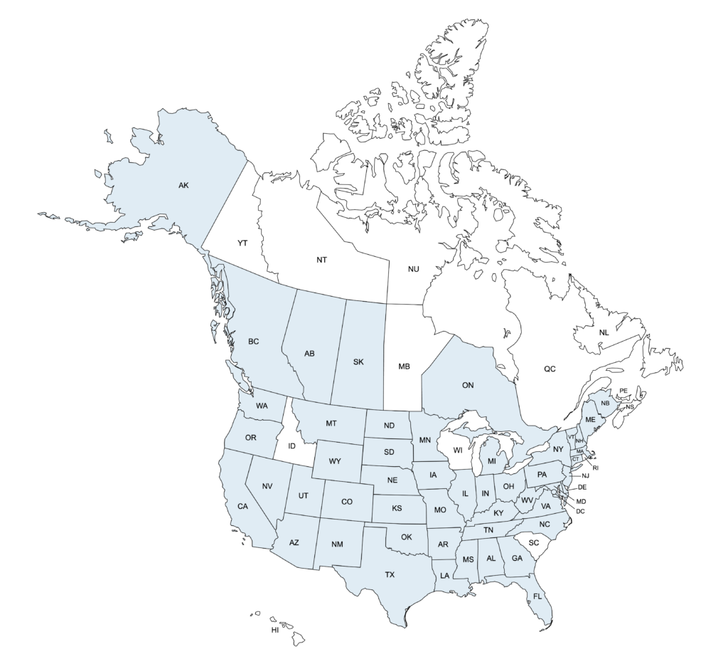 Map of the United States and Canada showing states and provinces